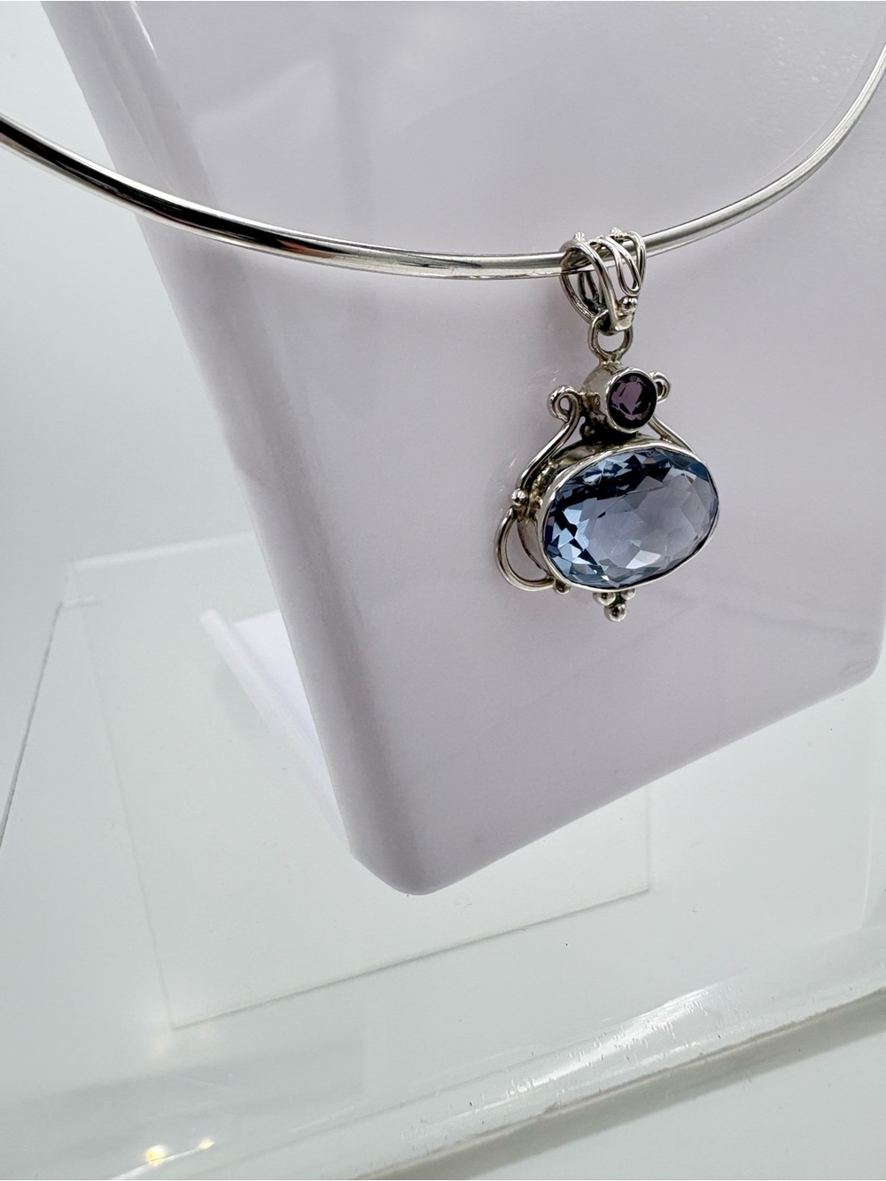 Elegant 925 Silver 10 CT Faceted Aquamarine & Amethyst Pendant - (Pendant Only) - Picture 11 of 16